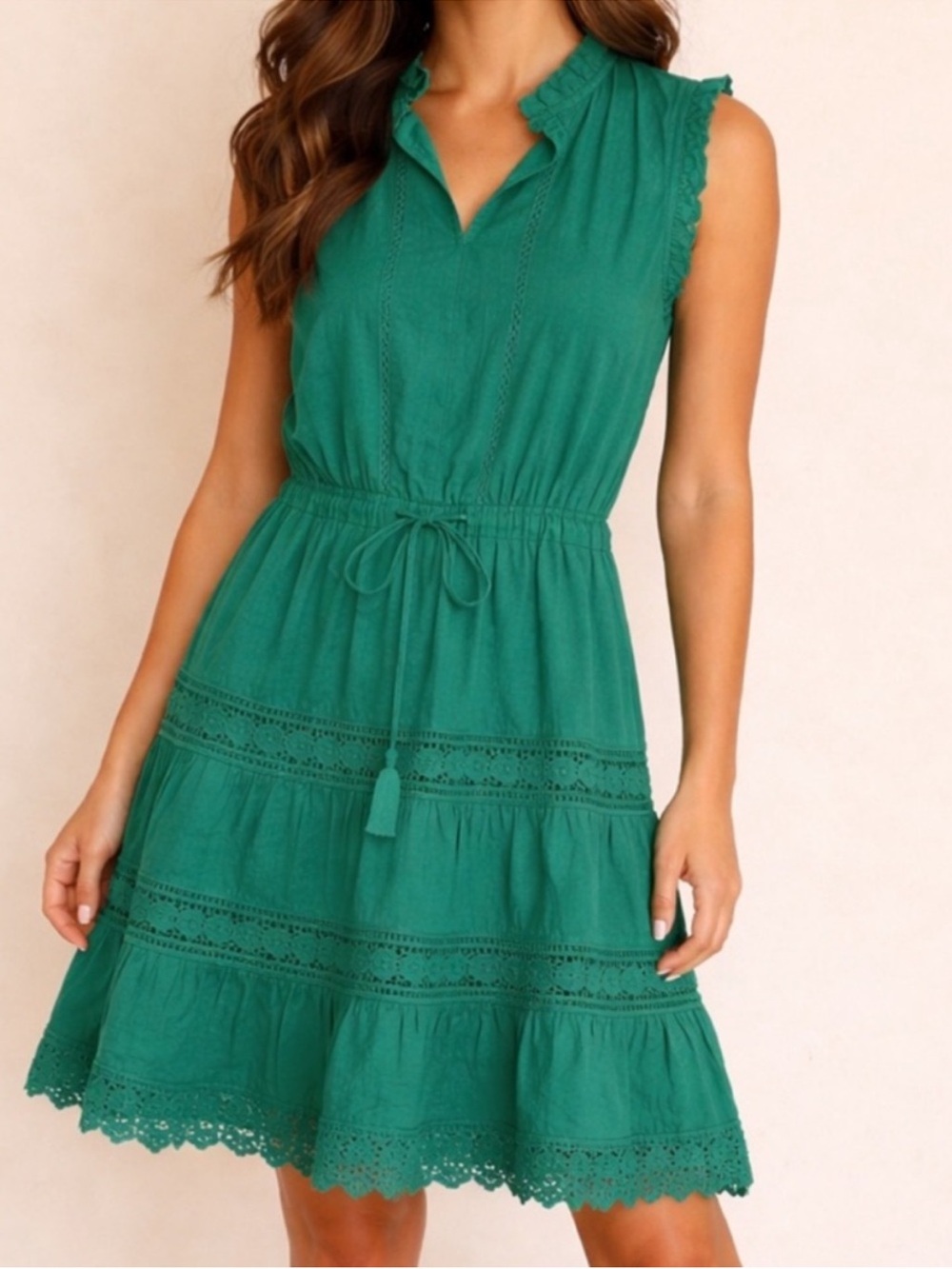 Indiastyle Sleeveless Emerald Tiered Midi Dress with Tassel Tie - Made in India